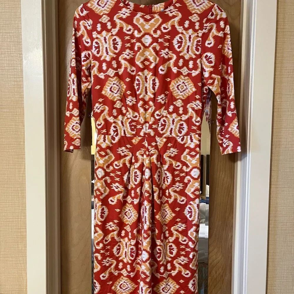 J. McLaughlin Orange Ikat Print 3/4 Sleeve Dress sz S NWOT